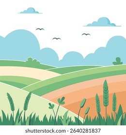 Scenic landscape illustration of rolling green hills under a clear blue sky, perfect for nature backgrounds, posters, or digital design projects.