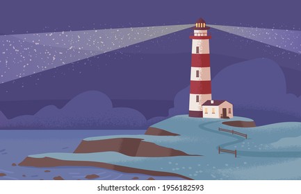 Scenic landscape with lighthouse on sea or ocean coast at night. Seascape with light beams from coastal beacon on seashore. Coastline nautical building. Colored flat textured vector illustration