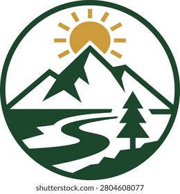 Scenic landscape logo featuring mountains, sun, and river with a tree, ideal for outdoor themes