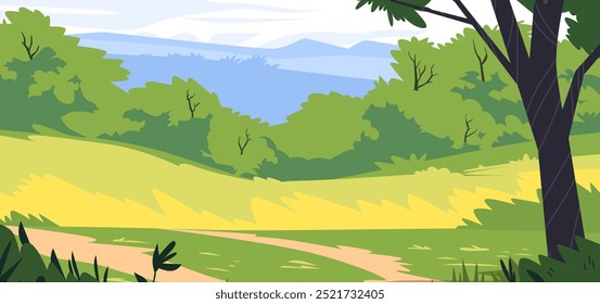 Scenic landscape with lush green hills and trees Pathway leading through fields and forests in the foreground Mountains in the distance Bright and vibrant colors