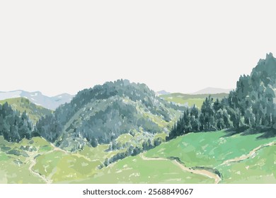 Scenic landscape with lush green hills, rolling hills, and dense forests. Green hills and forests create a serene, natural landscape. Peaceful hills and forests. Isolated vector element.