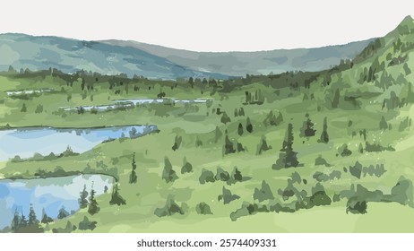 Scenic landscape with lush green hills, serene lakes, and distant mountains. Green hills and lakes create a peaceful, natural landscape. Tranquil and lush scenery. Vintage illustration vector.