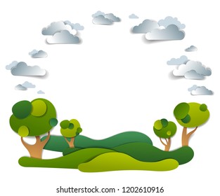 Scenic landscape of meadows and trees, cloudy sky, frame background with copy space,  vector illustration in paper cut. Summer holidays in countryside, travel and tourism.  