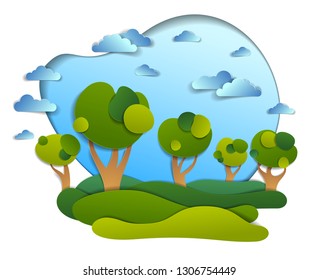 Scenic landscape of meadows and trees, cloudy sky, summer fields and grasslands vector illustration in paper cut kids style. Summer holidays in countryside, travel and tourism.  