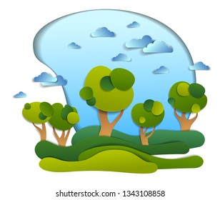 Scenic landscape of meadows and trees, cloudy sky, summer fields and grasslands vector illustration in paper cut kids style. Summer holidays in countryside, travel and tourism.  