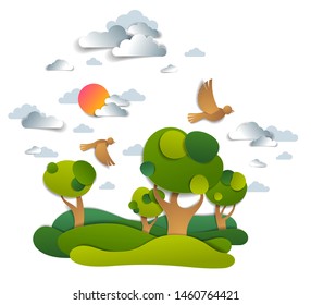 Scenic landscape of meadows and trees, cloudy sky with birds and sun, summer fields and grasslands vector illustration in paper cut kids style. Summer holidays in countryside, travel and tourism.