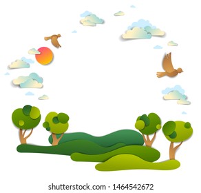 Scenic landscape of meadows and trees, cloudy sky with birds and sun, frame background with copy space,  vector illustration in paper cut. Summer holidays in countryside, travel and tourism.