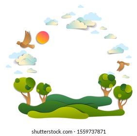 Scenic landscape of meadows and trees, cloudy sky with birds and sun, frame background with copy space,  vector illustration in paper cut. Summer holidays in countryside, travel and tourism.