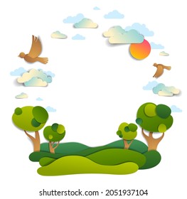 Scenic landscape of meadows and trees, cloudy sky with birds and sun, frame background with copy space,  vector illustration in paper cut. Summer holidays in countryside, travel and tourism.