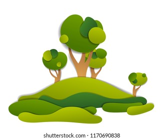 Scenic landscape of meadows and trees, summer fields and grasslands vector illustration in paper cut kids style. Summer holidays in countryside, travel and tourism.