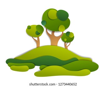 Scenic landscape of meadows and trees, summer fields and grasslands vector illustration in paper cut kids style. Summer holidays in countryside, travel and tourism.