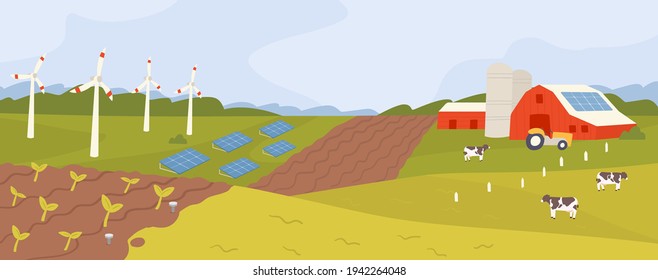 Scenic landscape of modern farm with fields, meadows, pastures, barns, solar panels and wind turbines. Panoramic view of farmland in countryside. Colored flat vector illustration of rural scenery