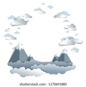 Scenic landscape of mountain peaks range, cloudy sky, frame or border with copy space, summer vector illustration in paper cut kids style. Summer holidays, travel and tourism.