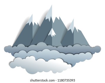 Scenic landscape of mountain peaks range, summer vector illustration in paper cut kids style. Summer holidays, travel and tourism.   