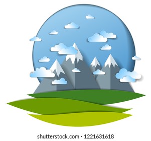 Scenic landscape of mountain peaks range, cloudy sky, summer vector illustration in paper cut kids style. Summer holidays, travel and tourism.   