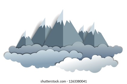 Scenic landscape of mountain peaks range, summer vector illustration in paper cut kids style. Summer holidays, travel and tourism.   