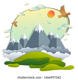 Scenic landscape of mountain peaks range, cloudy sky with birds and sun, summer vector illustration in paper cut kids style. Summer holidays, travel and tourism.