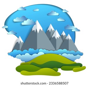 Die Landschaft der Berggipfel reicht, bewölkter Himmel, sommerliche Vektorgrafik im Stil der zerschnittenen Kinder. Sommerferien, Reisen und Tourismus.   
