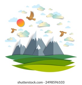 Scenic landscape of mountain peaks range, cloudy sky with birds and sun, summer vector illustration in paper cut kids style. Summer holidays, travel and tourism.