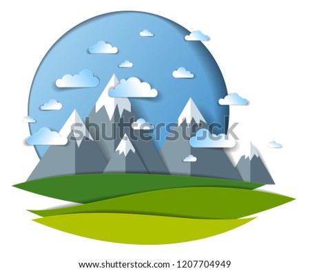 Scenic landscape of mountain peaks range, cloudy sky, summer vector illustration in paper cut kids style. Summer holidays, travel and tourism.   