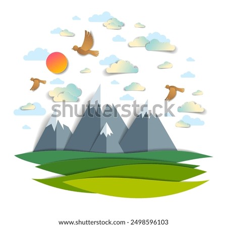 Scenic landscape of mountain peaks range, cloudy sky with birds and sun, summer vector illustration in paper cut kids style. Summer holidays, travel and tourism.