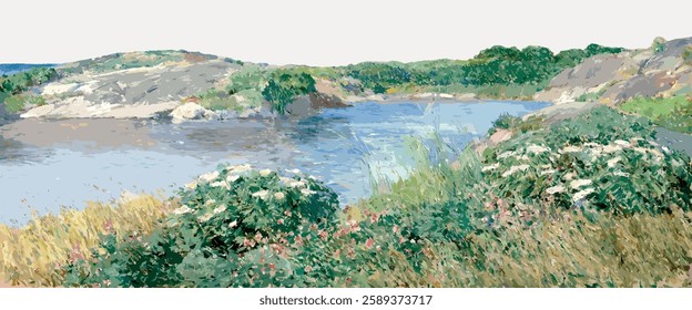 Scenic landscape painting of a serene lake surrounded by lush greenery and rolling hills. Tranquil lake view with greenery and hills in a picturesque setting. Vintage art painting vector.