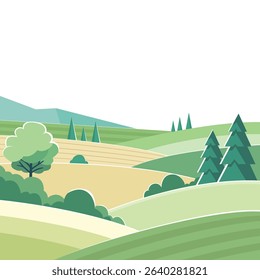 Scenic Landscape of Rolling Hills and Green Fields