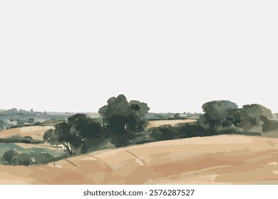 Scenic landscape with rolling hills and lush trees. Rolling hills and trees, serene landscape. Peaceful hills and trees in tranquil setting. Vintage art drawing illustration, painting art vector.