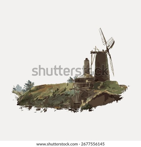 Scenic landscape with a rustic windmill on a hill. The windmill stands tall, surrounded by lush greenery. Windmill and nature create a serene, rustic scene. Vintage nature illustration vector.