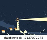 Scenic landscape of a sea shore with a rocky coast and a lighthouse on it. Good for posters, greeting cards and covers. Vector illustration EPS10