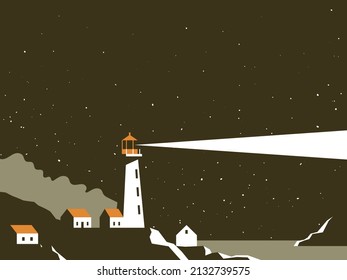 Scenic landscape of a sea shore with a rocky coast and a lighthouse on it. Good for posters, greeting cards and covers. Vector illustration EPS10