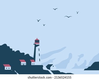 Scenic landscape of a sea shore with a rocky coast and a lighthouse on it. Good for posters, greeting cards and covers. Vector illustration EPS10