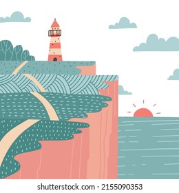 Scenic landscape of a sea shore with a rocky coast and a lighthouse on it. Summer sheer cliff with sunset. Good for posters, greeting cards and covers. Vector flat hand drawn illustration
