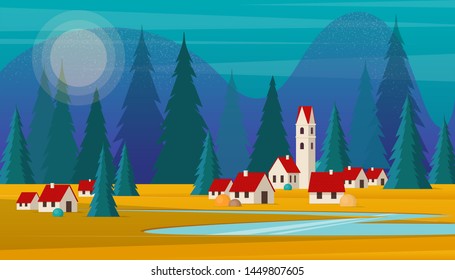 Scenic landscape of small village against a forest and mountains. Small houses with red tile roof on shore of river. Vector illustration in flat style