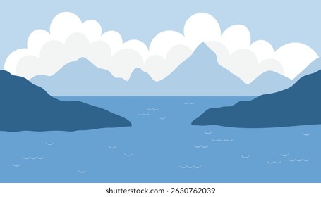 Scenic landscape of a tranquil sea bay surrounded by majestic mountains. Calm blue waters meet rugged peaks under a soft sky, capturing the peaceful beauty of coastal nature.