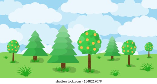 Scenic landscape with trees in the meadow. Vector illustration. Wild nature. Nature landscape