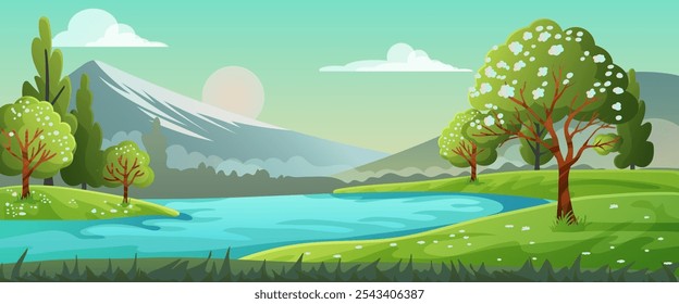 Scenic landscape with trees and a river in a vibrant style. Vector illustration