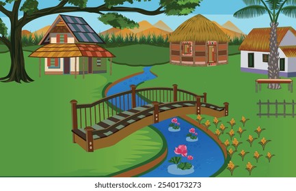 Ilustração vetor paisagem cenic, casa encantadora com palmeira, ponte de madeira sobre o lago, campo verde, montanhas, casa de fazenda, e cabana - perfeito para fundo clipart