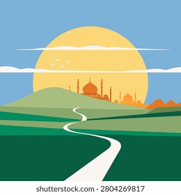 Scenic landscape vector illustration of a winding path through green hills leading to a mosque under a giant golden sun.
