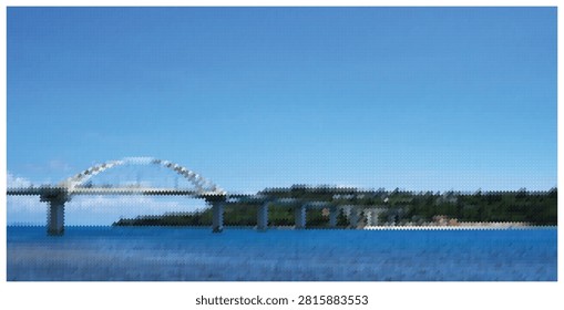 Scenic landscape view of large modern bridge stretching over turquoise sea. Architectural landmark design features structural arch against clear sky.