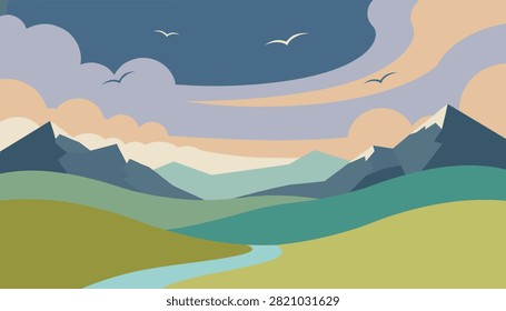 Scenic landscape with a winding river flowing through green valleys with high snowy mountain peaks in the distance.