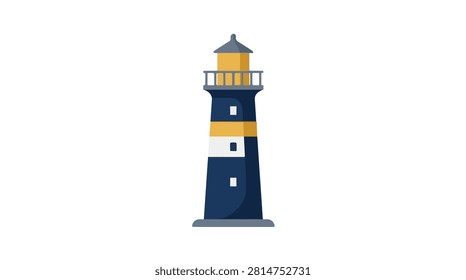 Scenic lighthouse with bold blue and white stripes on rocky shoreline under vibrant sunset sky for travel and maritime themes
