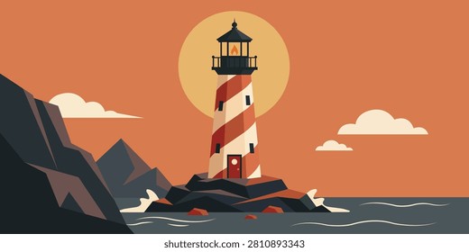 Scenic lighthouse standing on rocky coastline at sunset illustrating maritime navigation coastal landscape ocean travel peaceful seascape tourism inspiration and decorative nature artwork for creative projects.