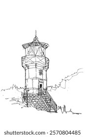 Scenic Lighthouse Tower, vector sketch at white background