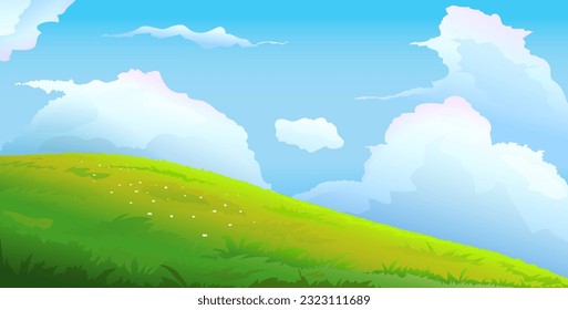 Scenic meadow landscape background with clouds. Colorful cartoon scenery, green grass pasture and sky, romantic rural scenery illustration, kids wallpaper. Vector graphics.