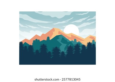 Scenic Minimalist Mountain Landscape with Pine Trees and Sunset Illustration