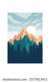 Scenic Minimalist Mountain Landscape with Pine Trees and Sunset Illustration