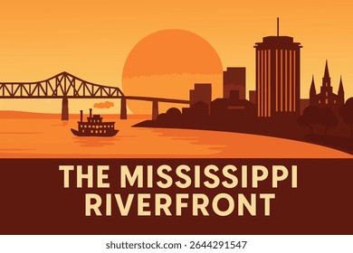 The scenic Mississippi Riverfront in New Orleans offers a stunning view of the city’s iconic skyline, featuring vibrant street lights, historic French Quarter buildings