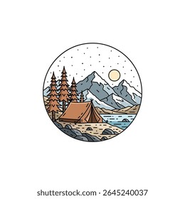 Scenic Mountain Camping Site with Tent, Trees, River, and Sunset in Circle Frame - Vector Illustration