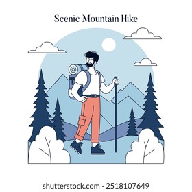 Conceito Scenic Mountain Hike. Um aventureiro com uma mochila explora paisagens alpinas serenas, sob um céu claro. Caminhadas ao ar livre, viagens de aventura. Ilustração vetorial.